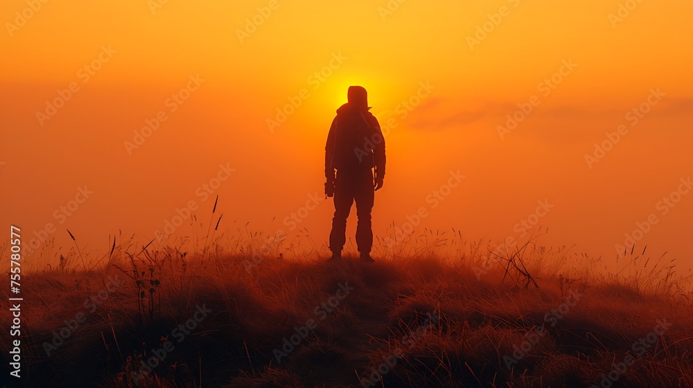 Silhouette of a Lone Figure Against a Golden Sunrise Sky