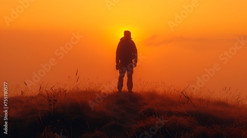 Silhouette of a Lone Figure Against a Golden Sunrise Sky