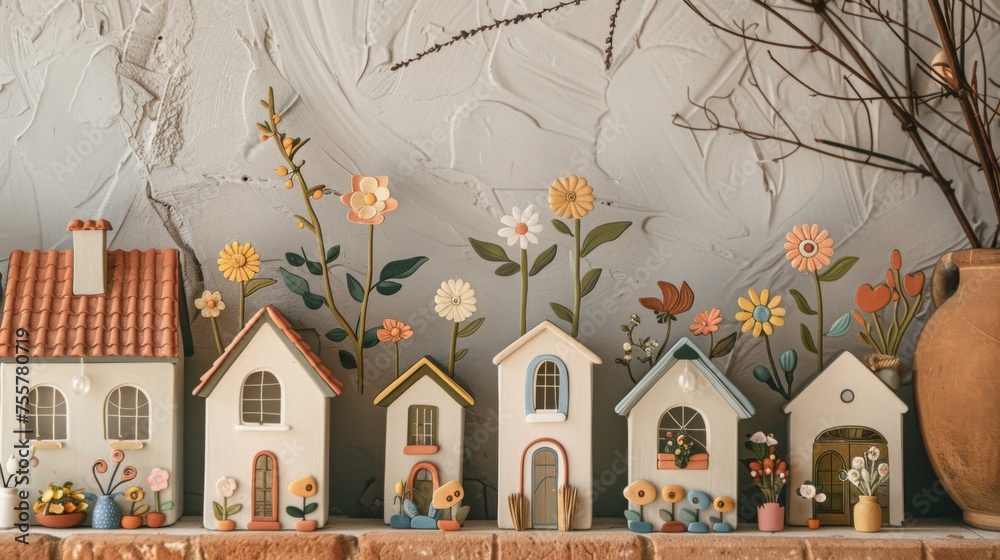 A group of miniature houses are displayed on a shelf, AI