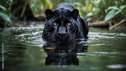 In the heart of a dense jungle, a sleek black panther quenches its thirst at a river, locking eyes with the viewer with its piercing golden gaze