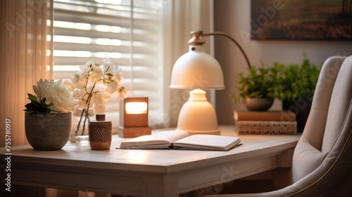 A therapist's desk with soft lighting and soothing decor © Cloudyew