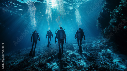 Scuba divers exploring underwater depths. photo