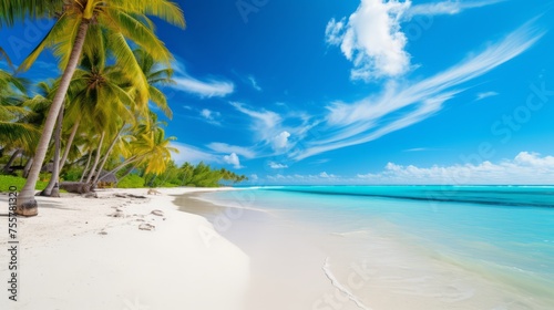 A tropical beach with white sands and turquoise waters