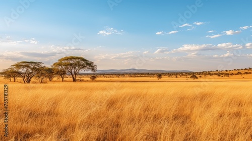 A vast, golden savanna with acacia trees on the horizon
