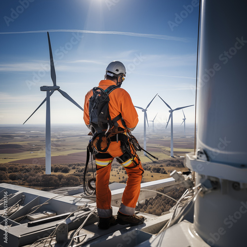 Tachnicians at construction site of wind turbine checking and maintanance Electricity wind generator. green energy renewable ecology care