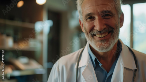 Friendly male doctor sporting a genuine smile in a welcoming clinical environment.