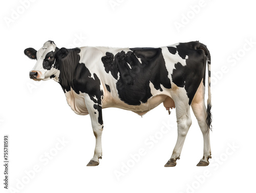 A cow is standing in a field with its head turned to the side