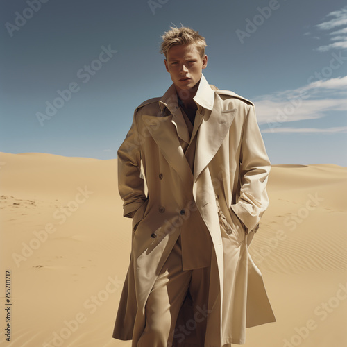 blond young man in beige trench coat walks along the in a desert