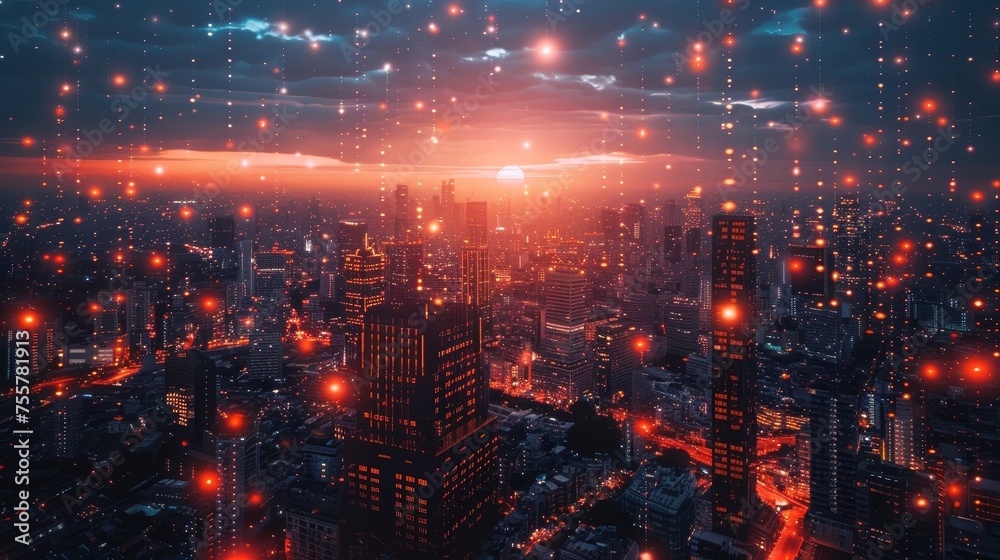 Fototapeta premium A futuristic city networked with fiber optic cables, enabling ultra-fast internet and smart city technologies