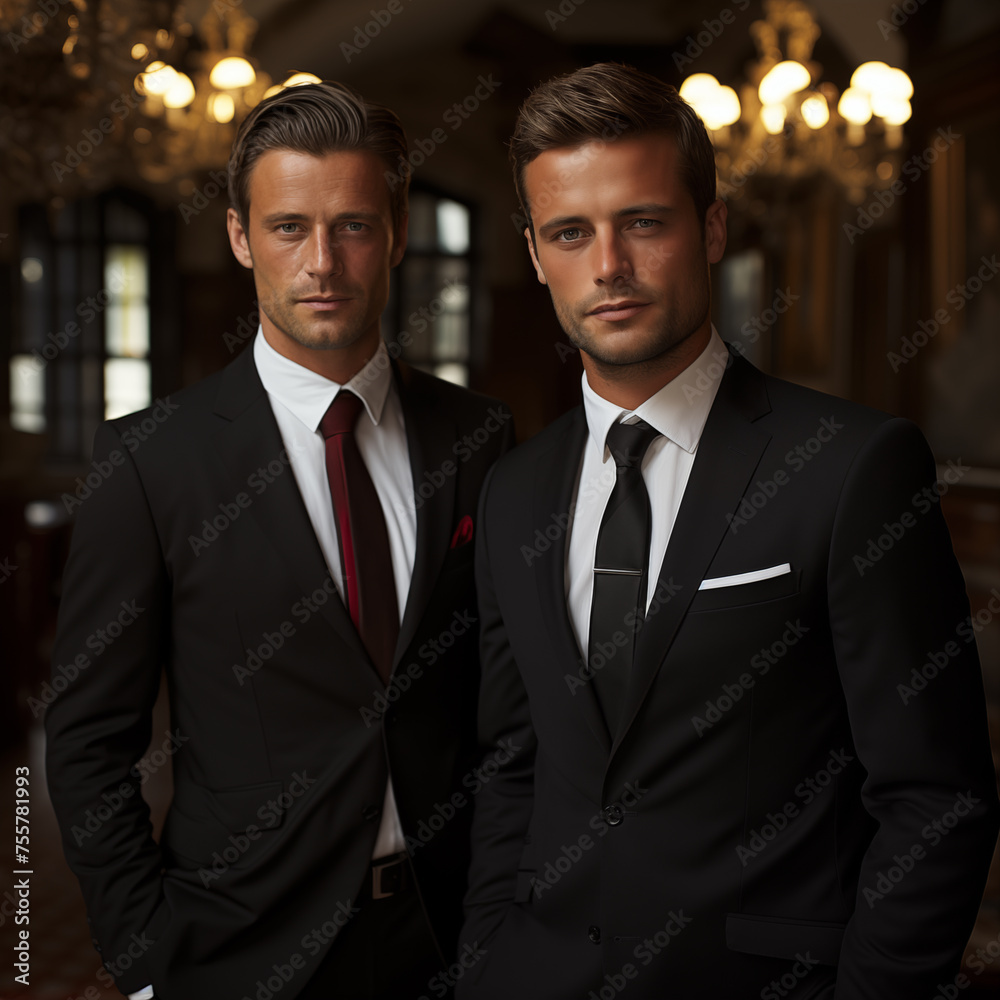 Two confident handsome businessman wearing suit standing isolated over black background, pointing at camera Two confident handsome businessman wearing suit standing isolated over black background, pointing at camera
