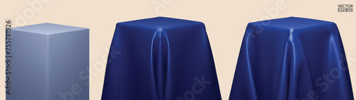 Set of Podium covered with a piece of blue silk isolated on background. Realistic box covered with blue cloth. Podium for product, cosmetic presentation. Creative mock up. 3d vector illustration.