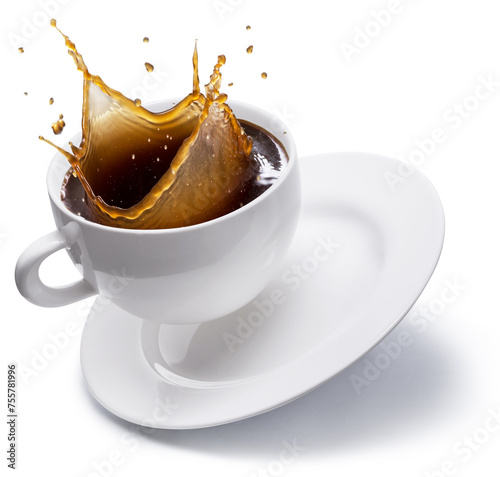Coffee drink splashing from cup of coffee isolated on white background. Conceptual coffee drink image.