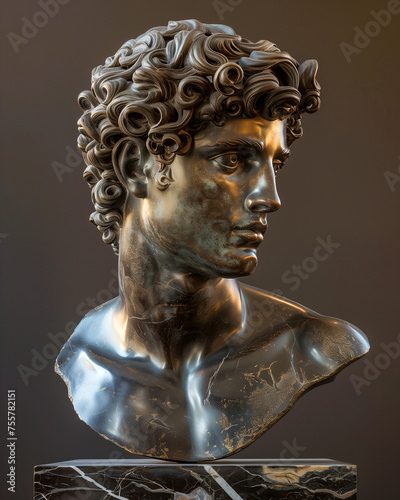 Museum exhibit of a sculpture depicting a young fierce Greek warrior cast in solid bronze. Intricate detail and beautiful lines.