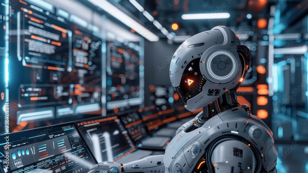 A futuristic office where AI-driven robots and machine learning algorithms A futuristic office where AI-driven robots and machine learning algorithms