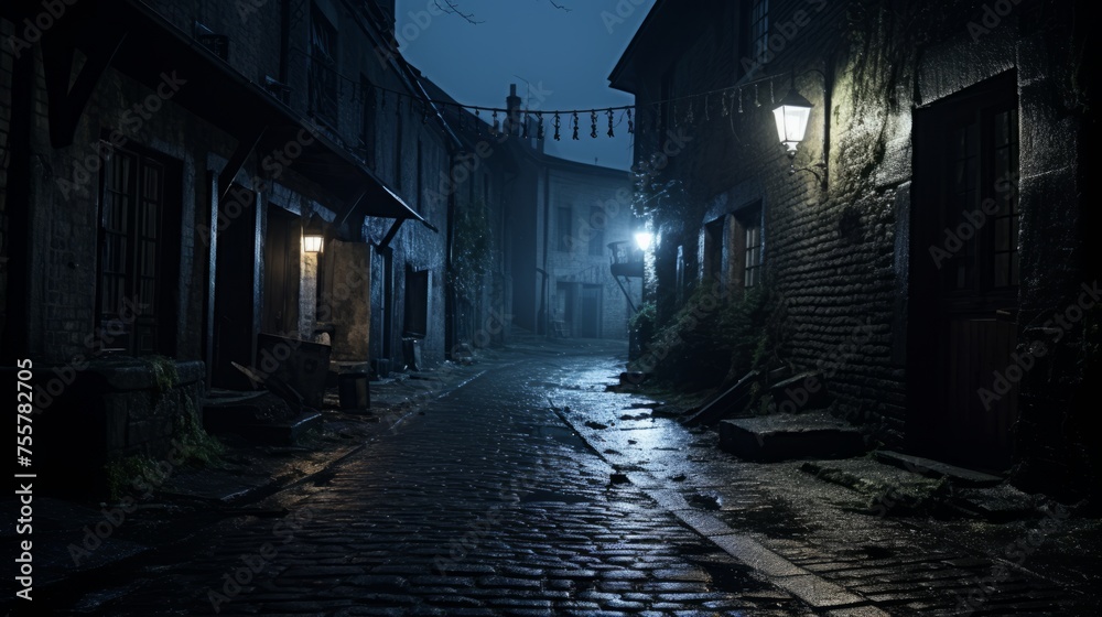 Dark alleyway in a haunted town with eerie lantern light - obrazy, fototapety, plakaty 
