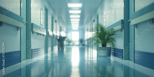 Hospital empty hallway. Clean and modern clinic interior. Medical background, perfect for health care, medicine, clinic or hospital website.  © SARATSTOCK