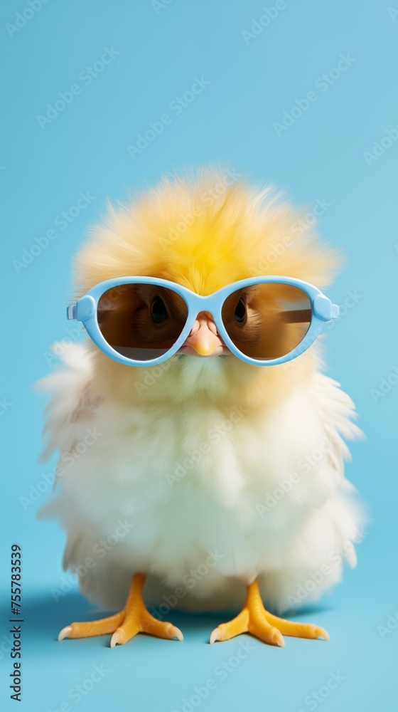 a chick in glasses on a blue studio background