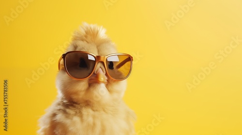 a chick in glasses on a yellow studio background © Spyrydon