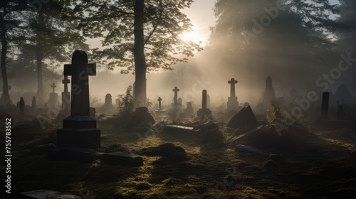 Hauntingly beautiful graveyard with ancient tombstones and mist