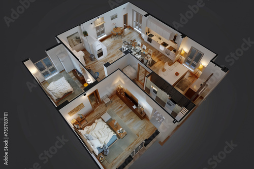 3D model of a two-bedroom apartment.