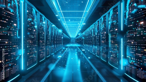 A high-tech data center utilizing 5G speeds for enhanced cloud computing security and efficiency