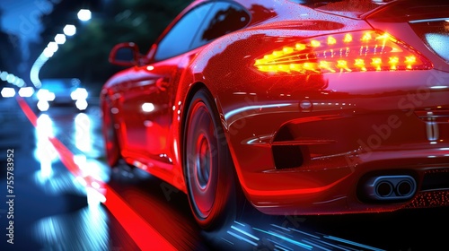 Red Sports Car Driving Down Street at Night