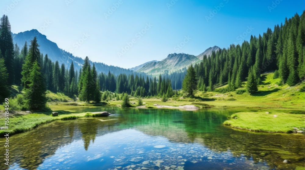 Serene mountain lake surrounded by lush forests Serene mountain lake surrounded by lush forests