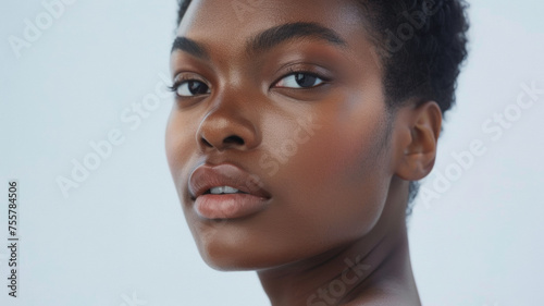 A striking profile view of a young woman with impeccable skin.