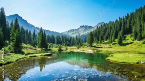 Serene mountain lake surrounded by lush forests © Cloudyew