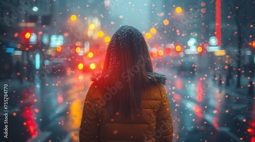 Woman Standing in Rain at Night
