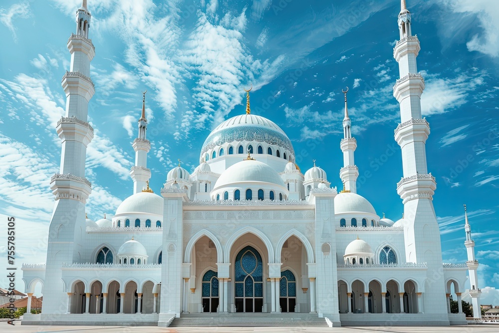 A gorgeous architectural art of a white mosque for Ramadan or Eid