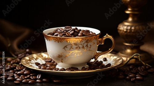 Coffee beans in an ornate cup  merging elegance and warmth