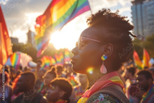 editorial photo, a 20 year old black lesbian, looking into the distance at pride festival