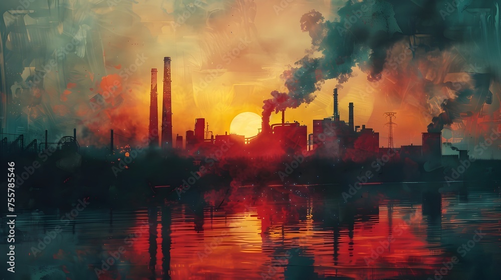 Industrial Landscape at Sunset A Dramatic Portrayal of Contrasting Elements in Thermal Pollution