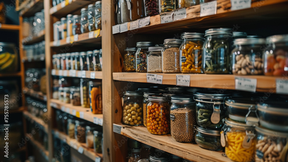 Jars of various dry goods neatly organized on wooden shelves.