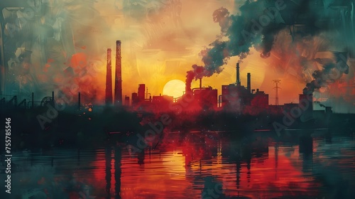 Industrial Landscape at Sunset A Dramatic Portrayal of Contrasting Elements in Thermal Pollution