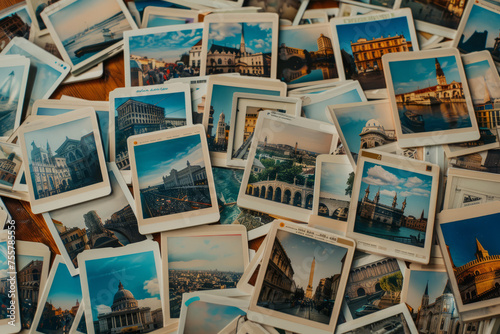 Many photos with images of famous places in different cities on the table, top view.