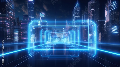 Futuristic city with glowing neon hologram. Smart city and digital network connection concept.