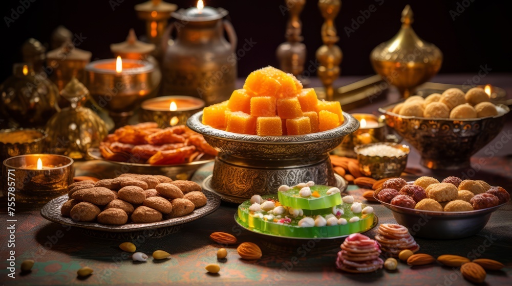 Diwali sweets and treats on a festive table