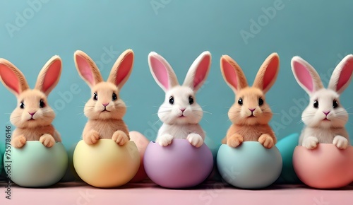 Cute cartoon Easter bunnies sitting atop vibrant Easter eggs against a soft pastel background, representing the joy of Easter.
