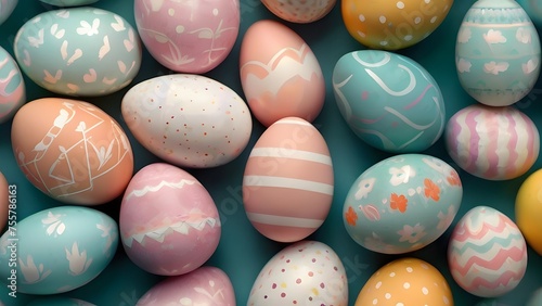 Colorful multi-pattern Easter Egg Assortment on Teal Background.