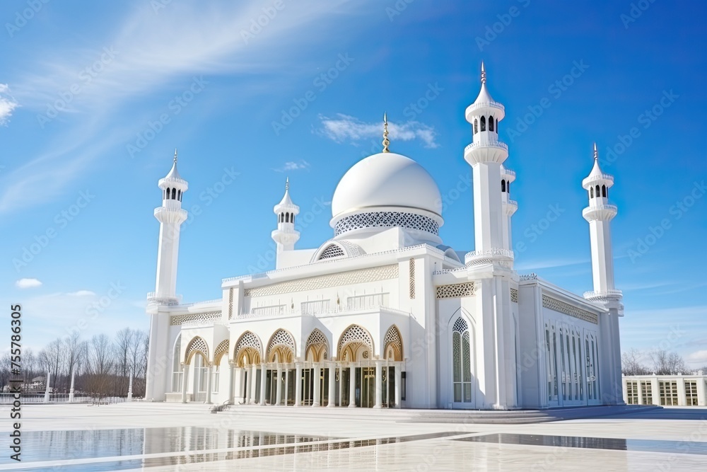 A gorgeous architectural art of a white mosque for Ramadan or Eid