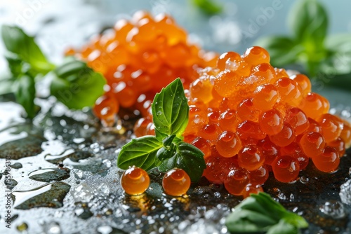 Glistening red caviar adorned with a fresh basil leaf on a wet dark stone surface, highlighted by water droplets