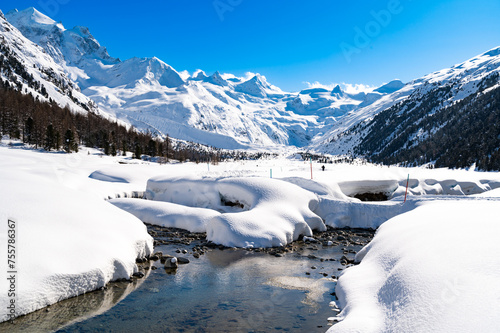 Val Roseg, in Engadine, Switzerland, in winter, with snow-covered cross-country ski slopes.
