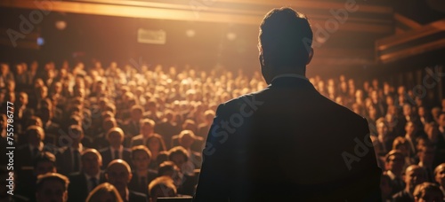 A man in business attire stands on stage, facing an audience of hundreds with his back to the camera. He is giving a speech or presentation about something important Generative AI photo