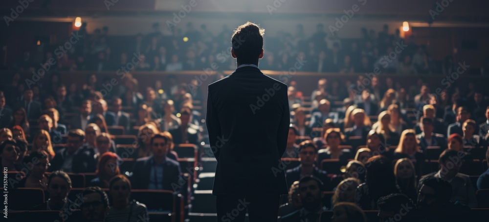 A man in business attire stands on stage facing an audience of many people who have come to listen and learn from him Generative AI - obrazy, fototapety, plakaty 