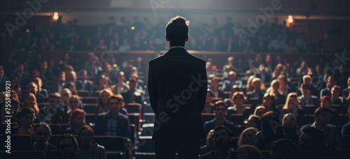 A man in business attire stands on stage facing an audience of many people who have come to listen and learn from him Generative AI photo