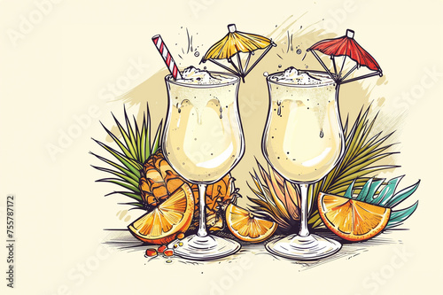 Pina Colada Cocktail Drink with pineapple coconut, summer tropical cocktail with fruits flowers, vacation concept.