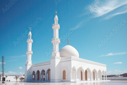 A gorgeous architectural art of a white mosque for Ramadan or Eid