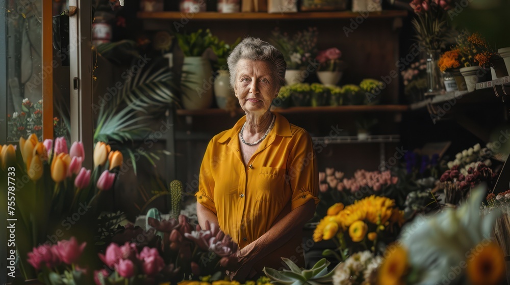 Generate a photograph-style image, hyper-realistic depicting an Australian flower shop owner standing in front of her store,